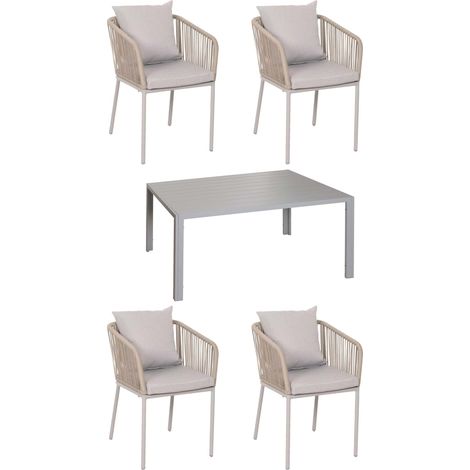 Set di mobili da giardino con tavolo 140x80 cm + 4 sedie struttura in alluminio e piano con corda intrecciata cuscini grigi inclusi 040010082