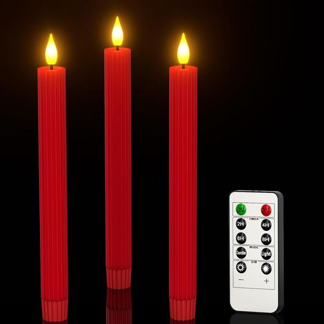 Lot de 3 Bougie Conique LED Cire Véritable Rouge Minuterie Télécommande Décoration Noël (1/5)