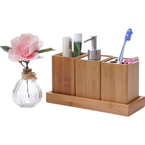 Set de salle de bains, 4 pièces HWC-B85, accessoires de bain, distributeur de savon, bambou (1/5)