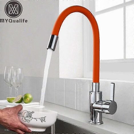 Robinet de cuisine avec bec flexible et tube orange, finition chromée, universel, pour eau chaude et froide, pour plan de travail, salle de bain et cu (1/4)