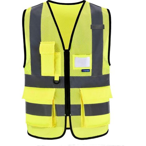 Gilet de sécurité haute visibilité jaune fluo avec poches pour téléphone et badge, fermeture éclair (1/5)