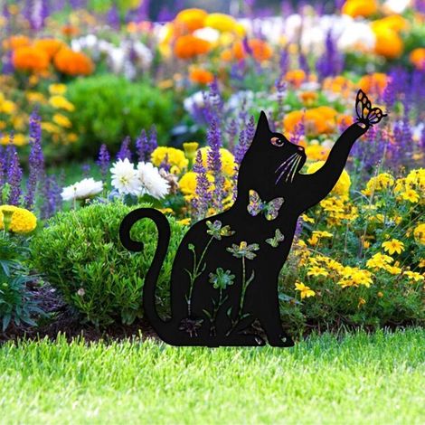 Chat Décoratif, Statues D'extérieur Jardin Chat en Métal, Piquet Creux Chat Noir, pour La Décoration Jardin Et Les Ornements Pelouse pour Les Amoureux des Ch (1/3)