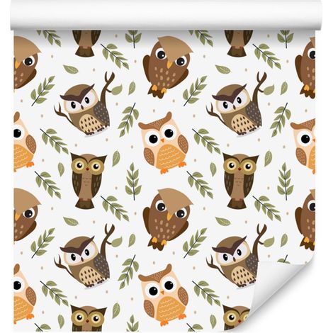 Papier peint hibou blanc et beige pour salon et chambre 50x1000 cm (1/5)