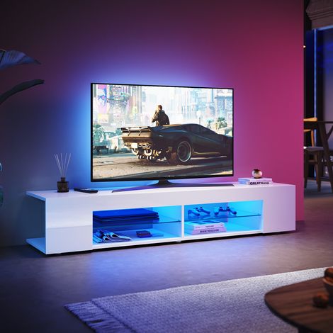 SONNI Modern TV Schrank mit LED-Lichtern, Offenes Glasregal, Hochglanz TV Board Geeignet für Wohnzimmer und Schlafzimmer, Weiß, 1600 x 390 x 300 mm (1/5)