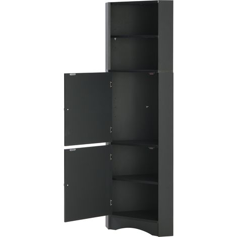 Badezimmerschrank Eckschrank mit 1 Tür, 2 Offenen Fächern und Verstellbarem Einlegeboden, Schwarz, 36.5×36.5×155 cm (1/5)