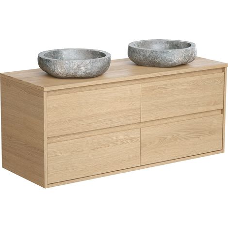Meuble de salle de bain suspendu avec double vasque à poser en pierre - Placage chêne - 120 cm - MILIPAM