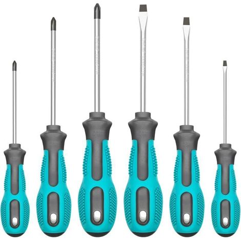 Ce jeu de tournevis magnétiques comprend 3 tournevis cruciformes, 3 tournevis plats et un tournevis à douille professionnel avec une poignée antidérapante et rembourrée.