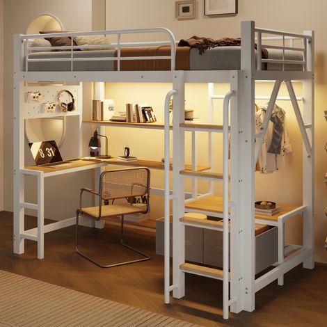 Lit mezzanine en métal 90x200cm avec bureau,étagères,panneau perforé,2 tiroirs en tissu,penderie,LED,USB,MDF,blanc (1/5)