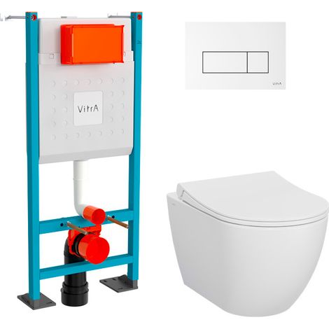VitrA Pack WC Mia suspendu cuvette carénée fixations invisibles + bati support autoportant + plaque blanche (1/5)