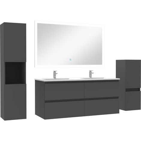 Ensemble meuble de salle de bain 120cm vasque + colonne de rangement + miroir Anthracite (1/5)