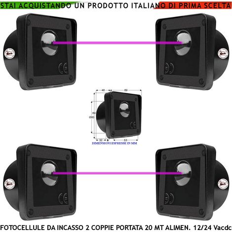 Fotocellula da Incasso 2 Coppie Controllo Sicurezza Cancello Elettrico Automatico Portata 20 Metri Lineari Montaggio a Parete o Palina Alimentazione 12/24 Vac (1/3)