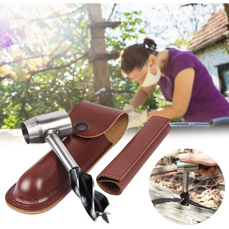 Perceuse à main pour le travail du bois, perceuse de survie manuelle avec étui en cuir, mèche de tarière pour l'extérieur, outils de survie pour le bushcraft (1/5)