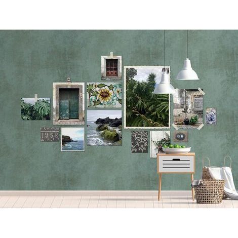 Papier peint panoramique patchwork tropical Tapisserie panoramique vert rétro avec collage photo Papier peint panoramique cuisine & escalier (1/3)