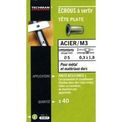 Tuerca Techman m3 acero cabeza plana 40 unidades remobible