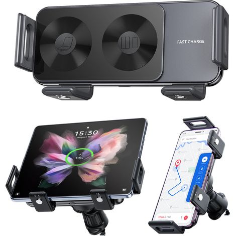 Supporto per telefono da auto a doppia bobina, caricabatterie wireless QI da 15 W, compatibile con Samsung Galaxy Z Fold/Flip 6/5/4/3, supporto per sensore per telefono cellulare per Google 8a/9 pro/9