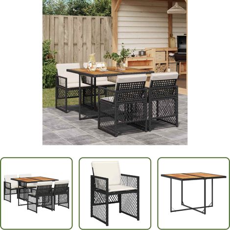 Essgruppe - 5-tlg. Garten-Essgruppe mit Kissen Schwarz Poly Rattan (1/5)