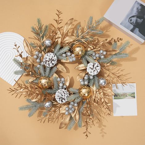 Guirlande Porte - Anneau En Rotin Avec Aiguilles Dorées - Décoration De Noël Multifonctionnelle Pour Intérieur Et Extérieur - 50 X 50 X 10 Cm - 1 Pièce (1/5)