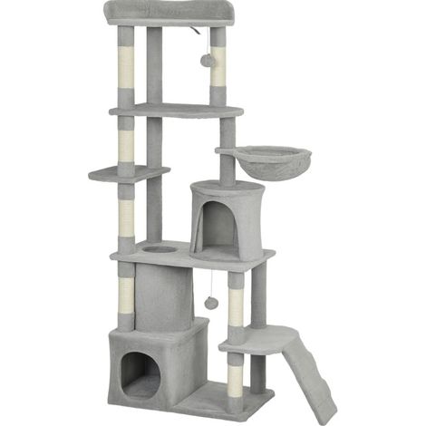 Albero tiragraffi 170 cm con tunnel, 2 cucce, amaca e pali in sisal grigio chiaro HOMVRA (1/5)