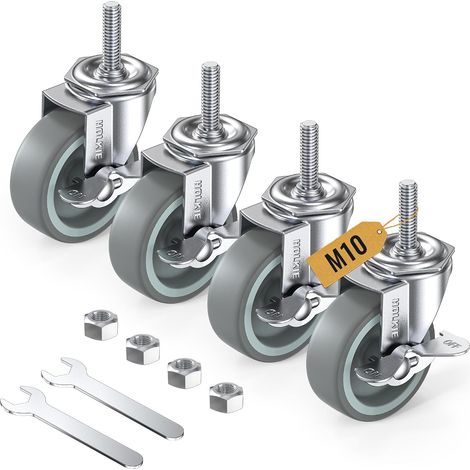 Roulettes pour meubles 75 mm avec freins, M10 x 1,5 x 30 mm Lot de 4 roulettes pivotantes à tige filetée - Roulettes charge lourde verrouillables Gris (1/5)