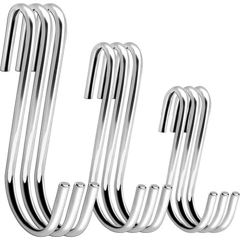 Lot de 9 crochets en S robustes - 3 tailles - Crochets suspendus en forme de S - Grand cintre pour cuisine, salle de bain, chambre à coucher et bureau (9 pièces, petit+M+XL, argent) (1/4)