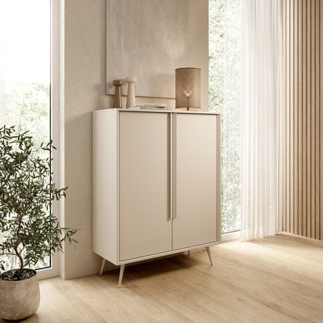 Aparador Harenoma, Alacena 4 Estantes, con Patas, 6 Compartimentos, 97x40x126h cm Blanco Crema (1/5)