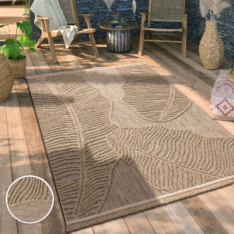 Paco Home Tapis Exterieur Terrasse Salon Cuisine Motif Boho Motif Fleuri Franges Beige 160x220 cm