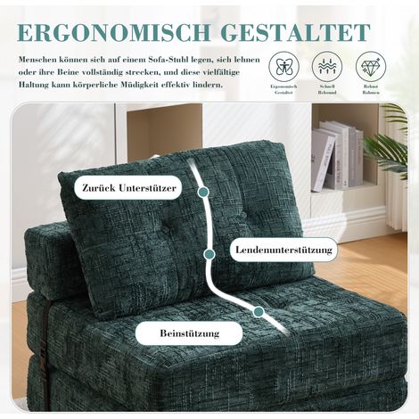 Canapé-lit pliant avec coussin, matelas escamotable à dossier, sofa convertible portable, assise de sol confortable pour salon et chambre (chenille vert foncé) (1/5)