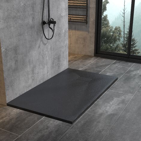 Moderne Duschwanne Duschtasse Anti-Rutsch Flach Schwarz 140x80 cm + SMC Adeckung ohne Ablaufgarnitur (1/5)