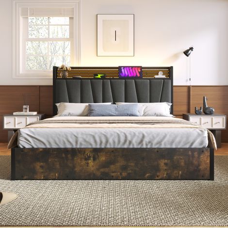 Cama con almacenaje tapizada en lino gris 180x200 cm, LED RGBW, cabecero con USB y enchufes, somier de láminas incluido (1/5)