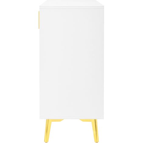 Buffet blanc en MDF avec 4 portes et 4 tiroirs, poignées et pieds dorés, 140 x 38 x 82 cm (1/5)