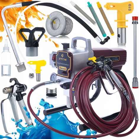 Zenthril Set Force A Airless Farbspritzgerät 1500W – 20 MPa, 1,8 L/min, Düse 519, Filter 30/60/100  Hydrodynamisch  Für Wand, Decke, Möbel  Lackierzubehör