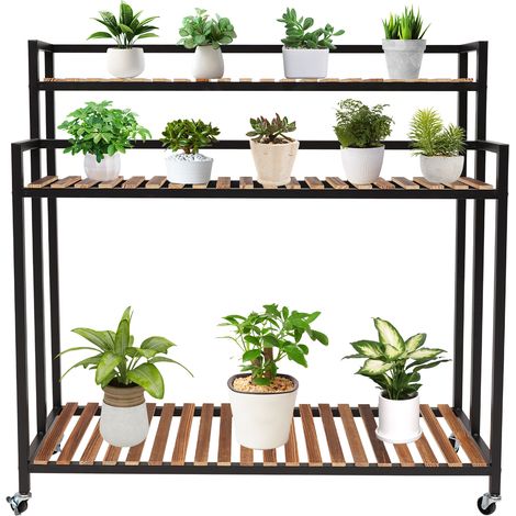 Étagère à fleurs à 3 niveaux avec roulettes, support plantes en bois de pin et acier inoxydable,  100×40×102 cm, pour intérieur et extérieur, jardin, balcon, salon et chambre, noire et marron (1/5)