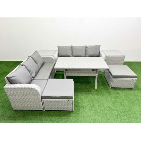Fimous Outdoor Garden Furniture Sets 8 Seater Wicker Rattan Furniture Sofa Sets with Rectangular Dining Table high Back Lounge Sofa 2 Big Footstool 2 Side Table Light Grey (1/4)