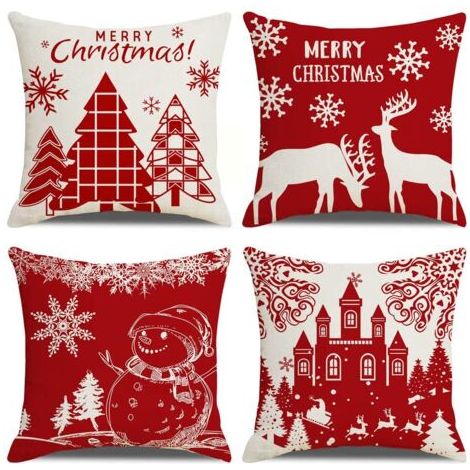 Housses de Coussin Joyeux Noël Lot de 4 Taie d'oreiller l'hiver Noël Wapiti Château Bonhomme de Neige Modèle Décoration pour Canapé Chambre Maison 45 x 45 cm