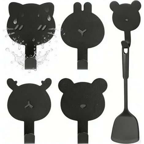 Set of 4 magnetic animal hooks, powerful magnetic hook made of metal and rubber, no drilling required, black for kitchen, bathroom, bedroom, black - (1/5)