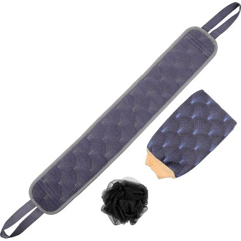 Ensemble de Bain Exfoliant 3 Pièces Serviette en Polyester Noir, Moufles et Boule, Solution Complète pour Nettoyer Zones Difficiles D'accès (1/5)