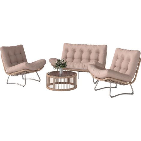 4-teiliges Gartenmöbelset aus Kunstharz, Lounge-Set mit 2-Sitzer-Sofa, 2 Sesseln, Glastisch, breiter und tiefer Sitzfläche, dicken Kissen
