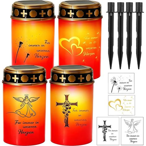 Lot de 4 Lanternes Funéraires Solaires, Bougie Funéraire Solaire LED avec Capteur Crépusculaire et Piquet, Étanche IP45, Bougie de Cimetière d'extérieur pour Décoration Funéraire (1/5)