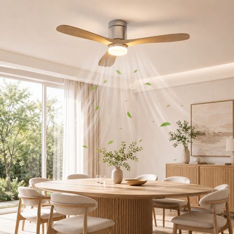 Ventilateur de plafond 42 pouces avec LED, 3 pales effet bois, moteur DC silencieux, 6 vitesses, télécommande