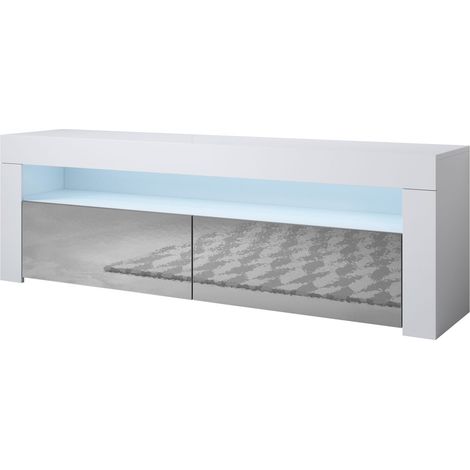 Muebles Bonitos – Meuble TV 2 portes avec éclairage LED RGB – Structure mélamine brillante – Dimensions 140x50,5x35cm – Design contemporain blanc et gris