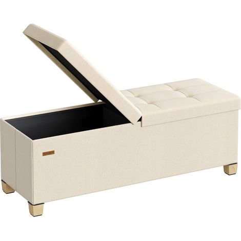 Banc Pouf de Rangement avec Pieds, Coffre de Rangement Pliable avec Couvercle Rabattable, Banc de Bout de Lit, pour Salon, Chambre, Entrée, Tissu Façon Lin, 110 cm, Beige Sable LSF079LF01 (1/5)