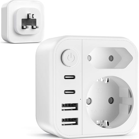 Adaptador 6 en 1 con enchufe británico/alemán: adaptador británico portátil con 2 puertos USB, 2 puertos tipo C, adaptador de viaje con 2 enchufes Schuko a tipo G para Inglaterra, Malasia, Dubái y Ara (1/5)