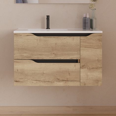 Meuble sous vasque seul, 2 tiroirs et 1 porte, 80cm, pour vasque déportée gauche - madera miel (bois clair) - ZARZA
