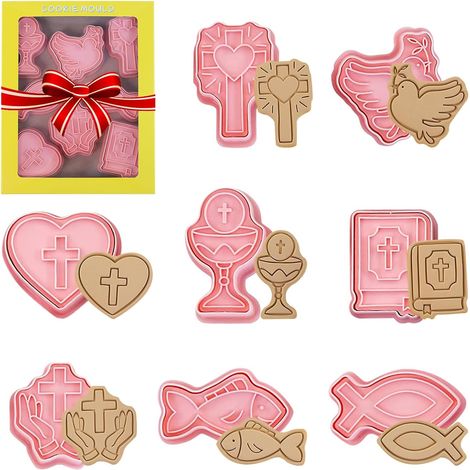 8 Piece Cookie Cutters, Communion, 3D Plastic Biscuit Mould, Christian Chalice, Pigeon, Cross, Fish Cutter, for Christening, Communion, Confirmation, Christening, Decoration (1/5)
