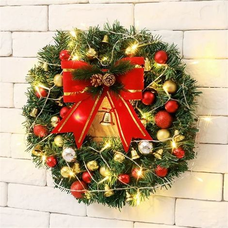 Guirlande De Noël - Couronne Lumineuse 30 Cm - 40 Led Blanc Chaud - À Piles - Avec Nœud Rouge Et Boules Colorées