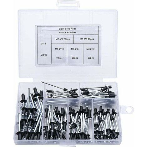 120 rivetti ciechi, rivetti ciechi in metallo, rivetti ciechi in alluminio, set di rivetti a testa tonda per metallo, legno, plastica, mobili (M2.4 / M3.0 / M3.2 / M4, nero), di DEBUN (1/4)