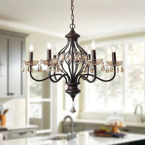 Ganeed French Country Chandelier,6 Lights Farmhouse Candle Iron Chandeliers,Traditional Crystal Chandelier, Vintage Metal Pendant Light Fixture for Kitchen Island,Dining Room,Bedroom