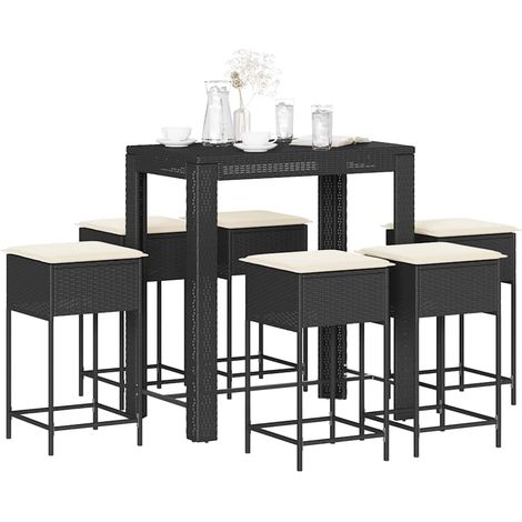 Ensemble bar de jardin 7 pièces avec 6 tabourets, poly rotin noir et coussins crème - PANGIVO (1/5)