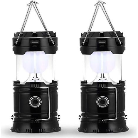Lampe de camping à LED, prise et rechargeable solaire, avec batterie externe, étanche et coupe-vent, pour randonnée, camping, urgence, ouragan, pêche de nuit, IP66 étanche, pack de 2 [Classe énergétiq (1/5)