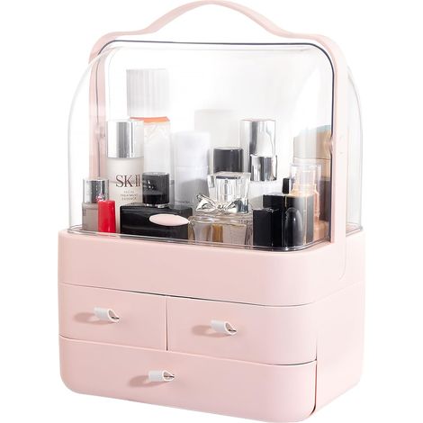 Rosa Kosmetik-Aufbewahrungsbox – Aufbewahrungsbox mit Deckel, Staubschutz und tragbarem Griff, Kosmetik-Organizer mit Schublade, geeignet für Badezimmer, Schminktisch, auch ideales Geschenk